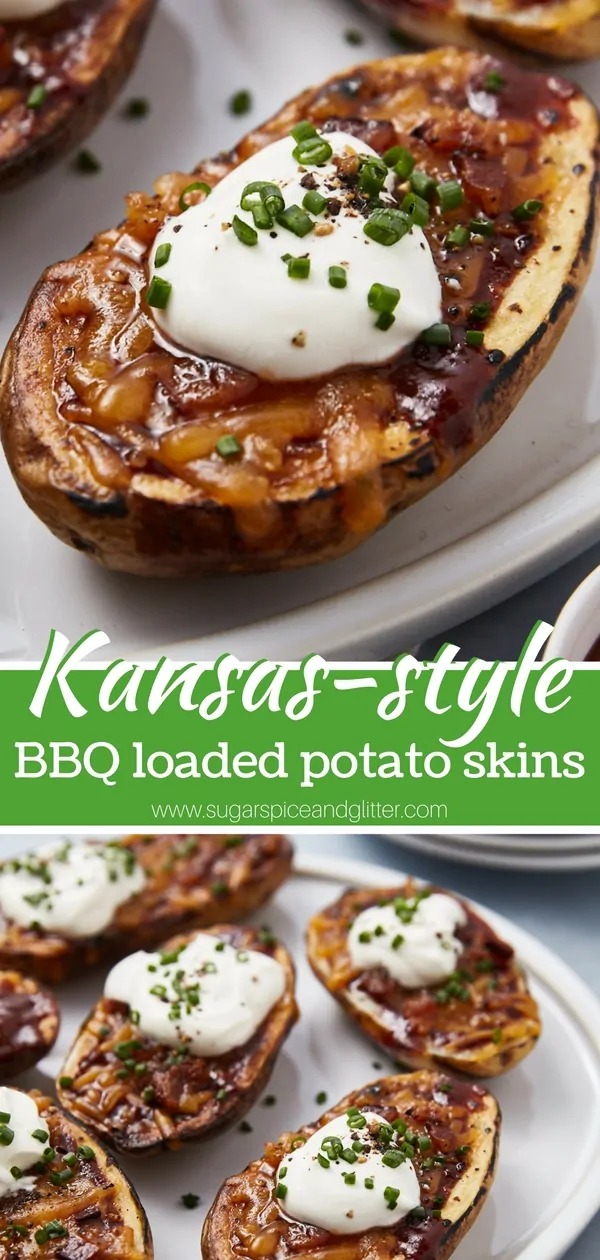 Easy Loaded Baked Potato recipe for BBQ style loaded potato skins - the ultimate comfort food appetizer. Top with shredded BBQ pork or chicken for an even more indulgent appetizer