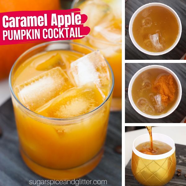 Composite image of a caramel apple pumpkin cocktail and in-process images of how to make it