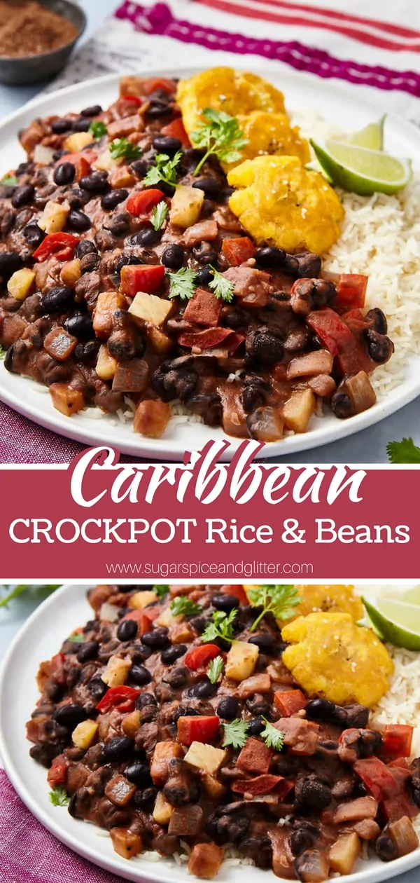 A hearty vegetarian crockpot recipe for Caribbean Rice and Beans