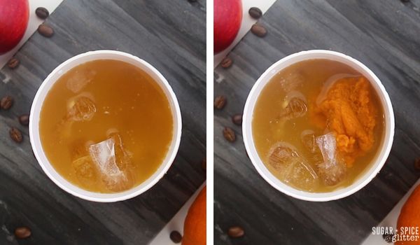 In-process images of how to make a caramel apple pumpkin cocktail