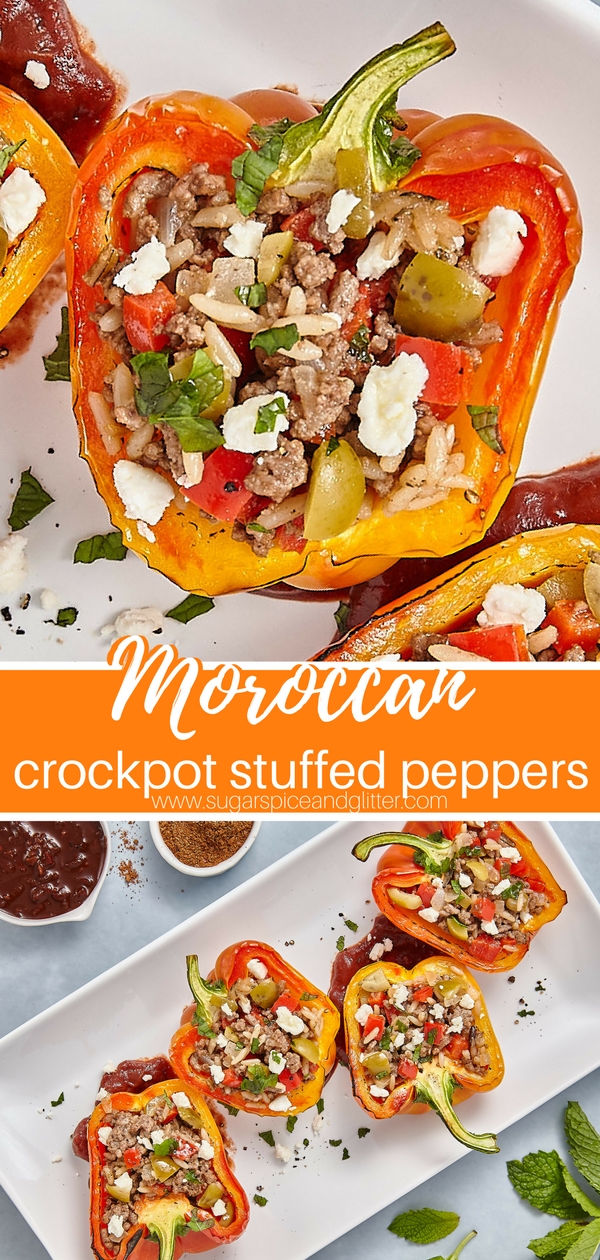 These easy crockpot stuffed peppers are filled with beef, rice and traditional Moroccan ingredients like feta, olives and mint