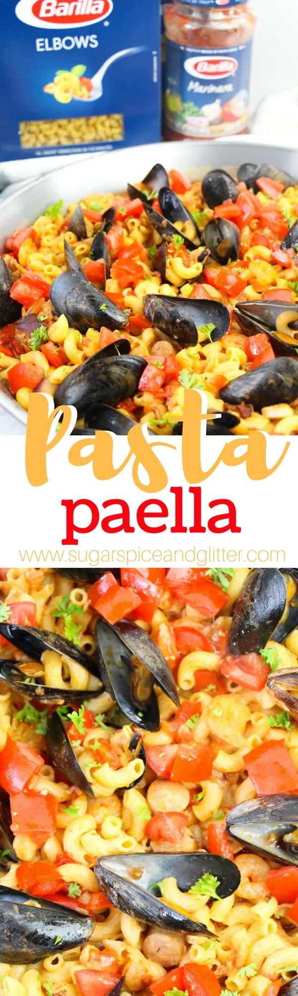 Pasta Paella, a delicious twist on a Classic Paella recipe using pasta to make it more kid-friendly (and quicker to make!) An awesome seafood recipe