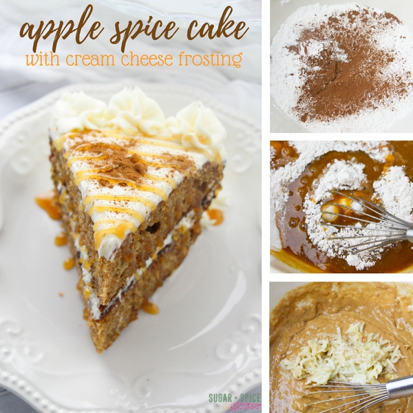 How to make an easy apple spice cake recipe with fresh apples, cream cheese frosting and caramel sauce