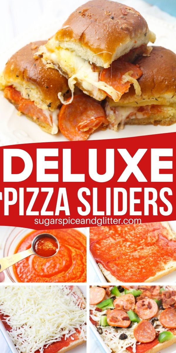 LOADED Deluxe Pizza Sliders - perfect for game day! Top these pizza sandwiches with your favorite pizza toppings for a great potluck or movie night appetizer