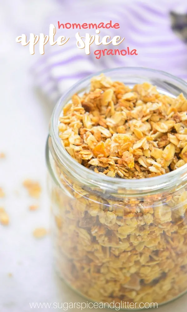 A healthy apple breakfast recipe for homemade apple spice granola using coconut, apple chips, dried prunes and honey to sweeten naturally