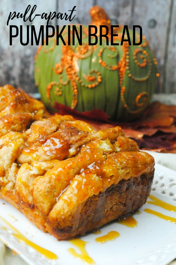 An easy pumpkin bread recipe, this cinnamon pull apart bread is made of biscuits and homemade pumpkin pie filling for a delicious sticky dessert bread, perfect for a quick fall dessert