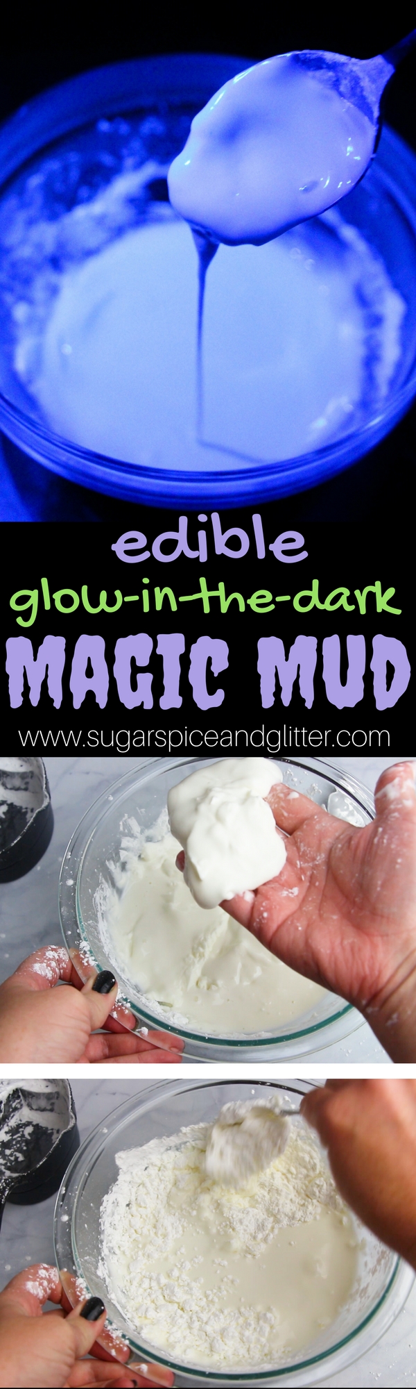 An edible glow-in-the-dark sensory activity for kids - EDIBLE MAGIC MUD! A fun take on the edible slime craze that needs just two ingredients - plus a fun hack to turn your phone into a blacklight. Glow in the dark oobleck
