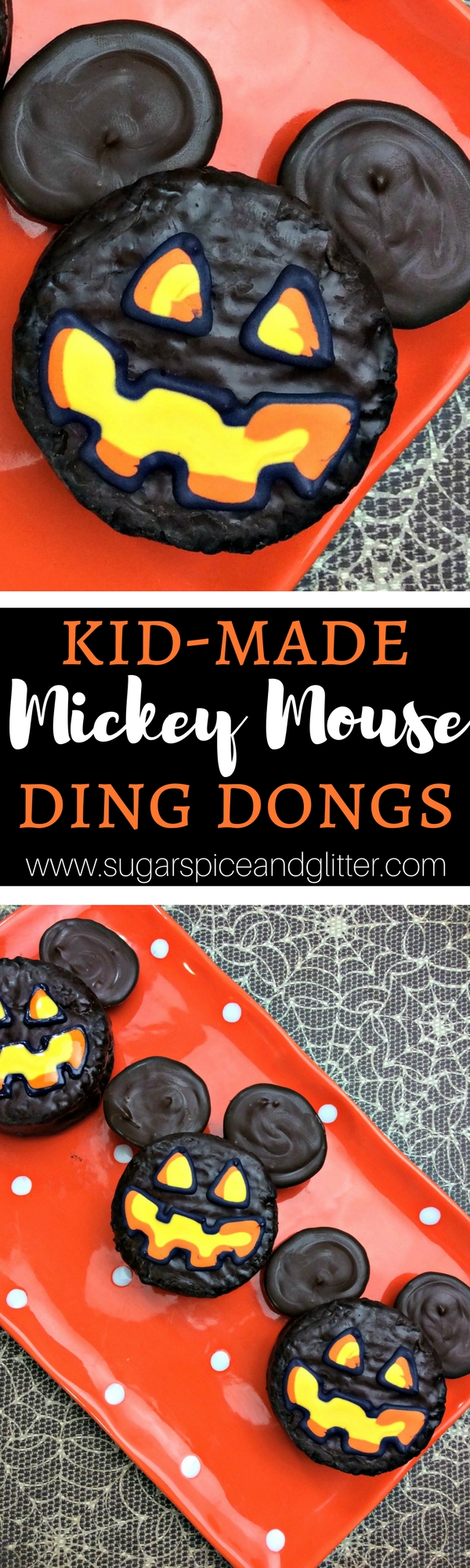 Ding-Dong! These Scrumptious Mickey Mouse Ding-Dongs are all treat, no tricks! A deliciously easy, no-bake Disney Halloween dessert kids can help make.