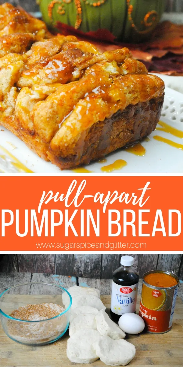 This pumpkin pull apart bread is made with biscuits and homemade pumpkin pie filling; a cinnamon pull apart bread with a fall twist! A sticky dessert bread perfect for a quick fall dessert