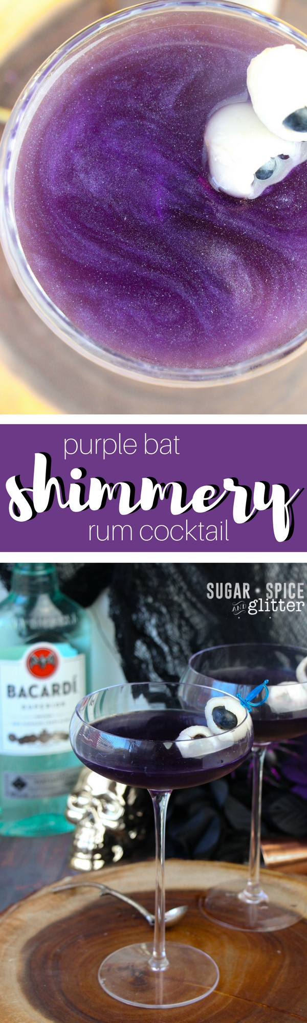 A gorgeous shimmery rum cocktail that is simply mesmerizing. It looks almost like a starry night sky - and for a spooky Halloween touch, add two fruit eyeballs!