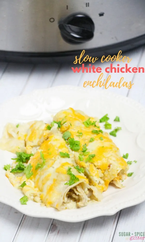 Slow Cooker Green Chicken Enchiladas, the perfect easy weeknight Mexican recipe with a delicious homemade white enchilada sauce