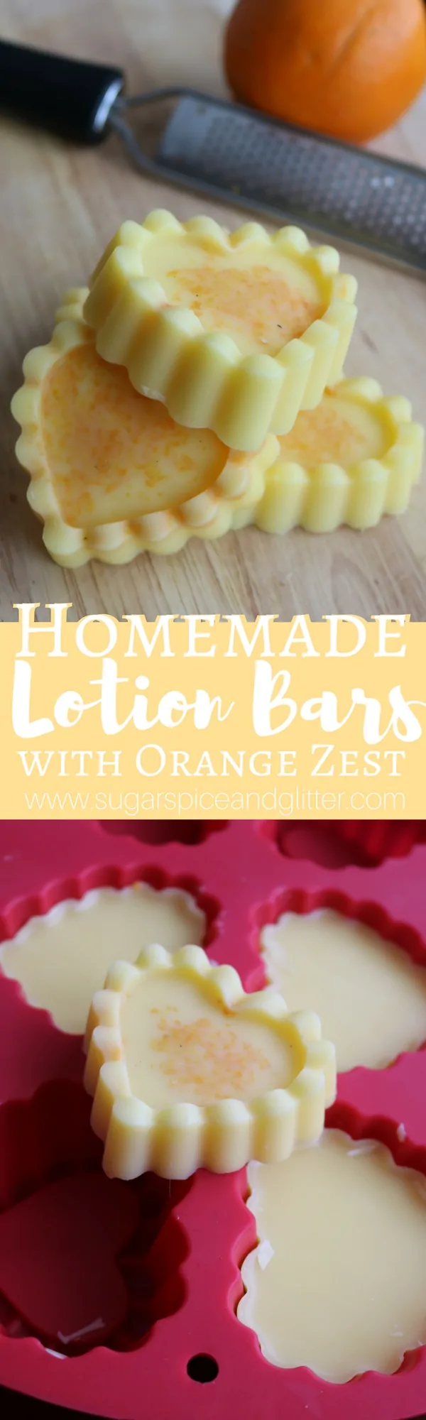 Homemade Lotion Bars with essential oils and fresh orange zest are a great way to moisturize on the go. They are not messy and are perfect for travel or homemade gift giving