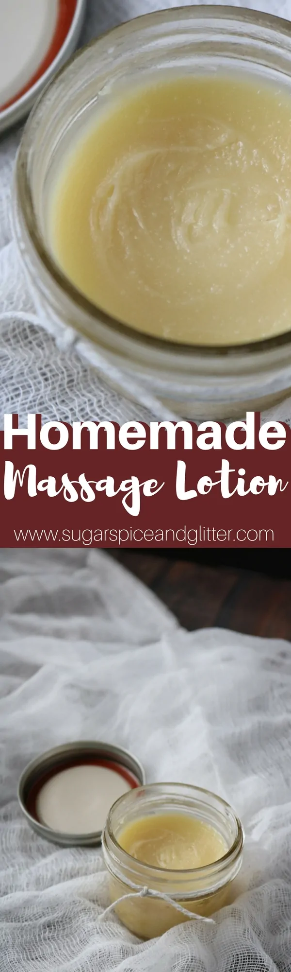Homemade Massage Lotion perfect for bedtime back rubs or a relaxing foot massage. Massage oil made with essential oils, beeswax, shea butter and coconut oil