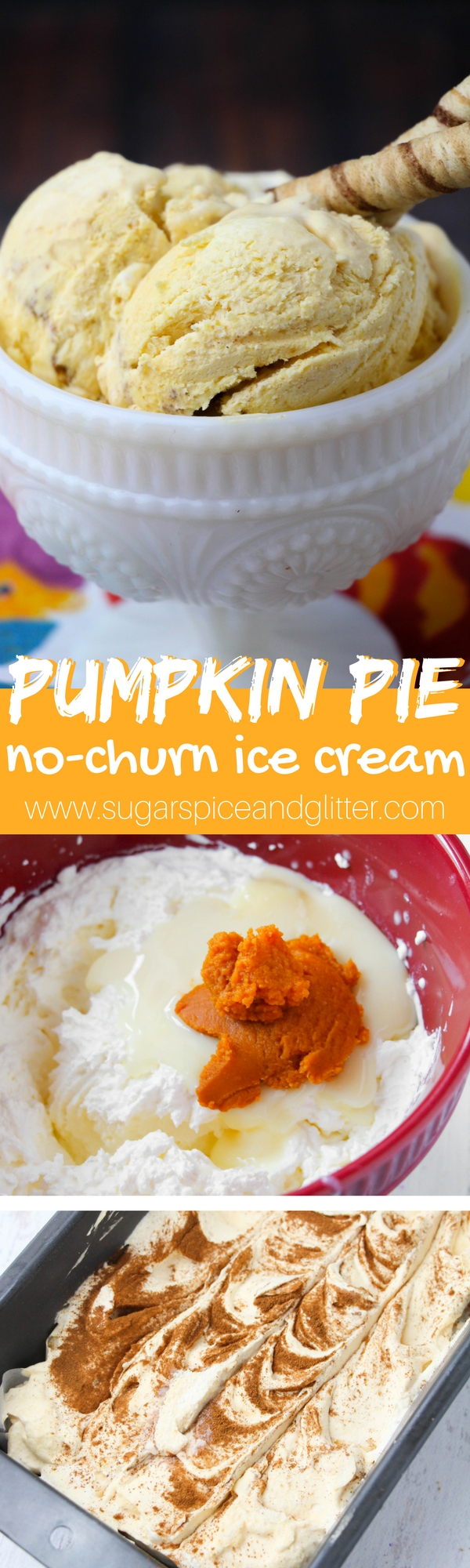 No-Churn Pumpkin Pie Ice Cream that's easier than pie! This easy homemade ice cream can be whipped up in less than 10 minutes without an ice cream machine, making it the perfect low-fuss Thanksgiving dessert