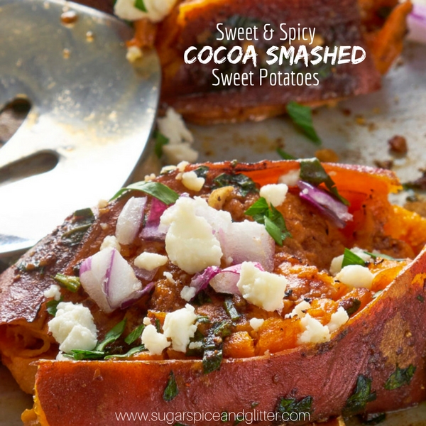 Sweet and Spicy Smashed Sweet Potatoes baked with delicious toppings