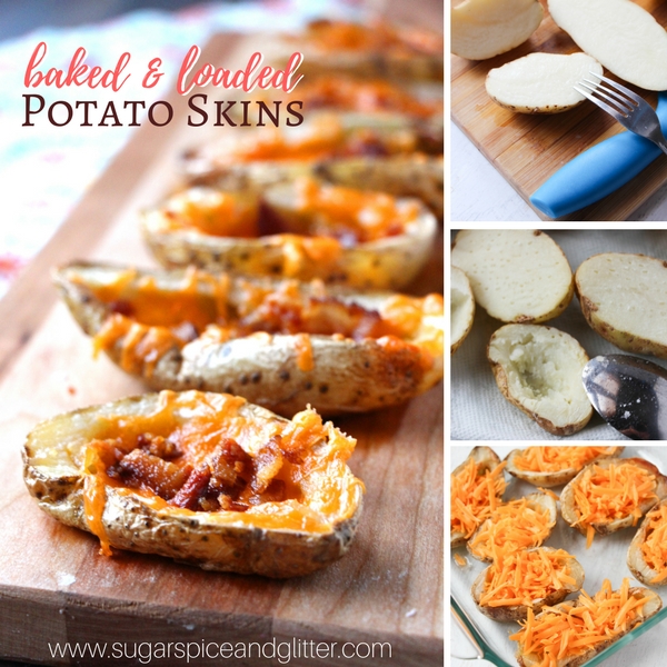 A delicious and easy recipe for baked and loaded potato skins - classic pub fare you can make at home and a bit healthier than fried potato skins