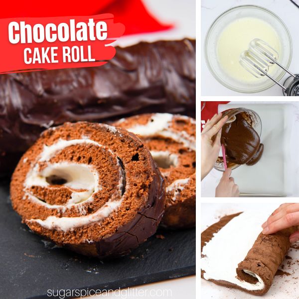 Composite image of finished chocolate roll cake and 3 images of how to make the cake