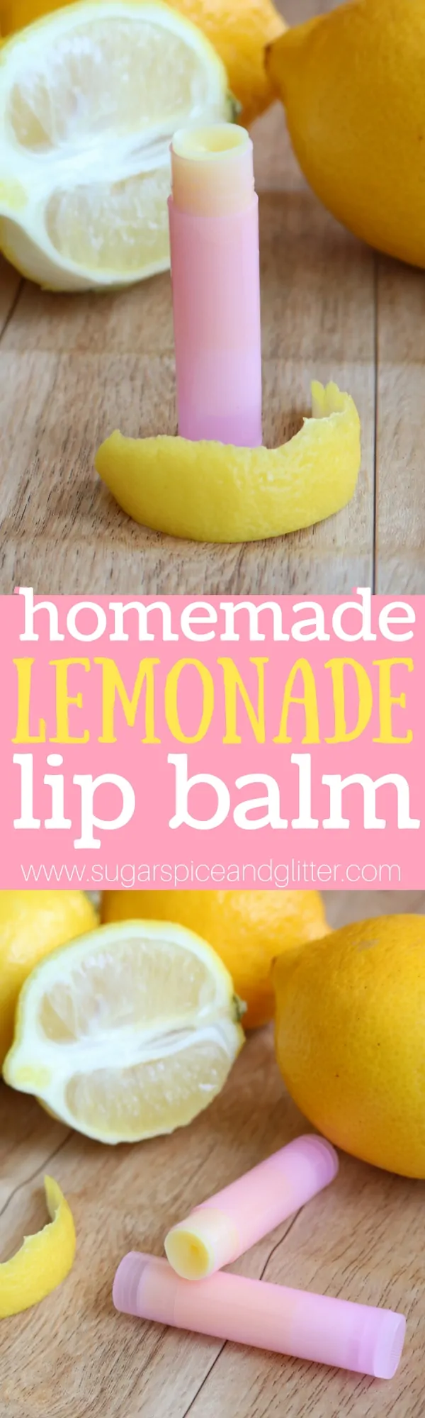 A delicious and easy lemonade lip chap recipe made with shea butter, beeswax and lemon essential oils