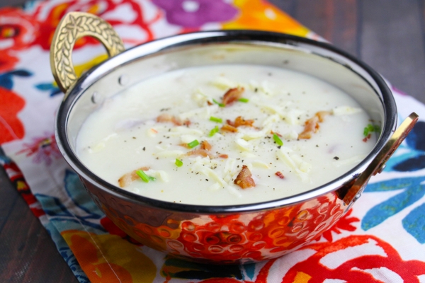 This homemade potato soup is loaded with cheese, bacon and chives