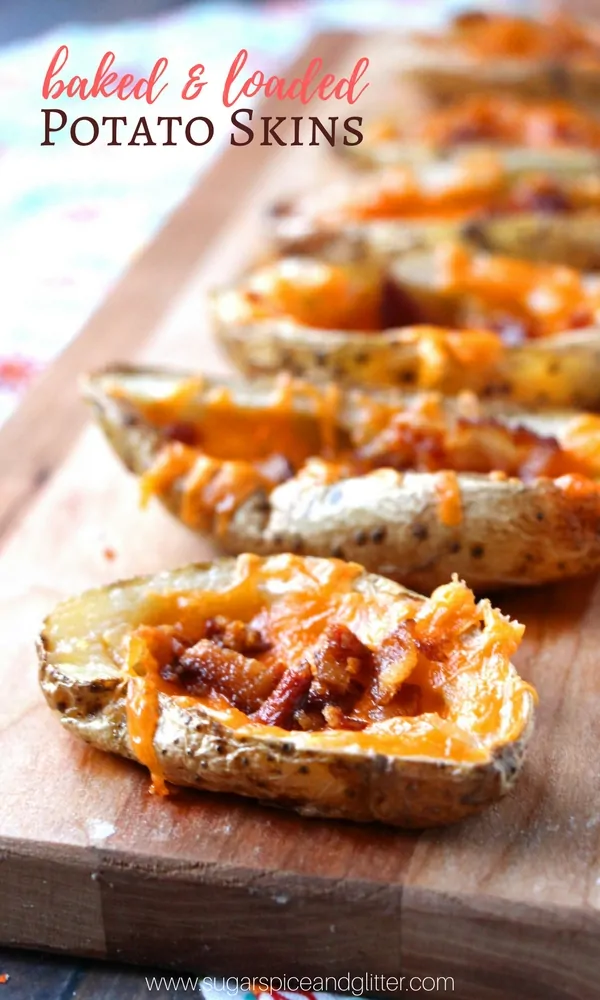 The secret to easy homemade potato skins? Brushing them with a bit of oil and baking them - and then loading them with cheese and bacon