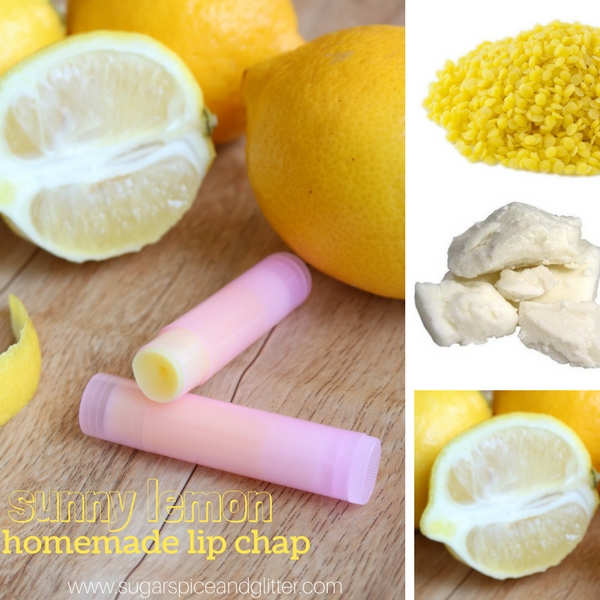 How to make an easy homemade lip balm recipe with lemon essential oil, shea butter and beeswax