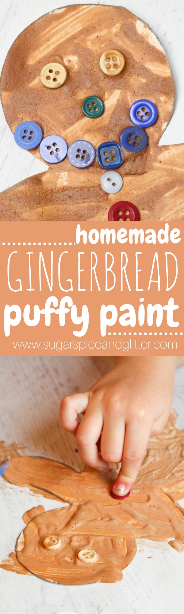 Gingerbread Puffy Paint - a deliciously scented homemade puffy paint for kids. Turn art into a multi-sensory experience - color, texture and scent. Use this paint to make beautiful holiday art, cards, puffy gingerbread houses and more!