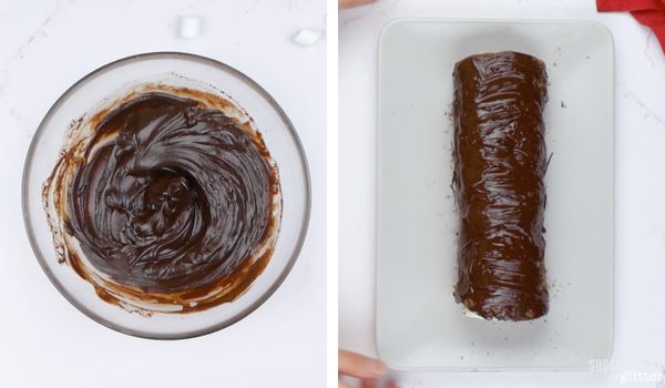 in-process images of how to make chocolate ganache to top chocolate roll cake