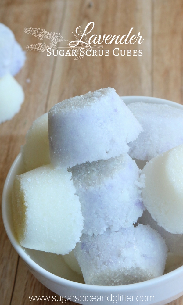 A simple recipe for homemade sugar scrub cubes with lavender essential oil - a great option for homemade beauty products on the go