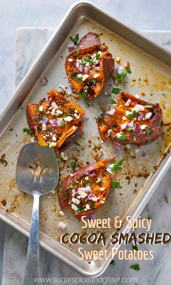 A healthy baked sweet potato recipe with a spicy-sweet flavor. A roasted sweet potato with cocoa spice rub, red onions and cojito cheese toppings