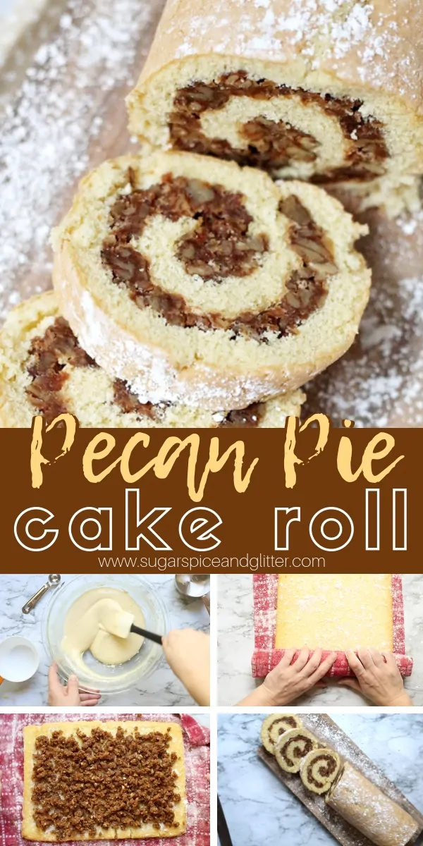 A vanilla cake roll with a delicious Pecan Pie filling - an unexpected yet decadent and delicious dessert for the holidays. The Pecan Pie filling has no corn syrup, instead we used maple syrup