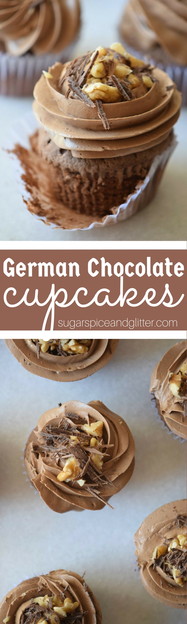 Authentic German Chocolate Cupcakes with tart chocolate frosting and a sticky coconut-pecan topping. These from-scratch chocolate cupcakes are perfect for the semi-sweet chocolate fan