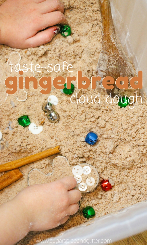 Gingerbread Cloud Dough, a fun taste-safe winter sensory play activity for kids
