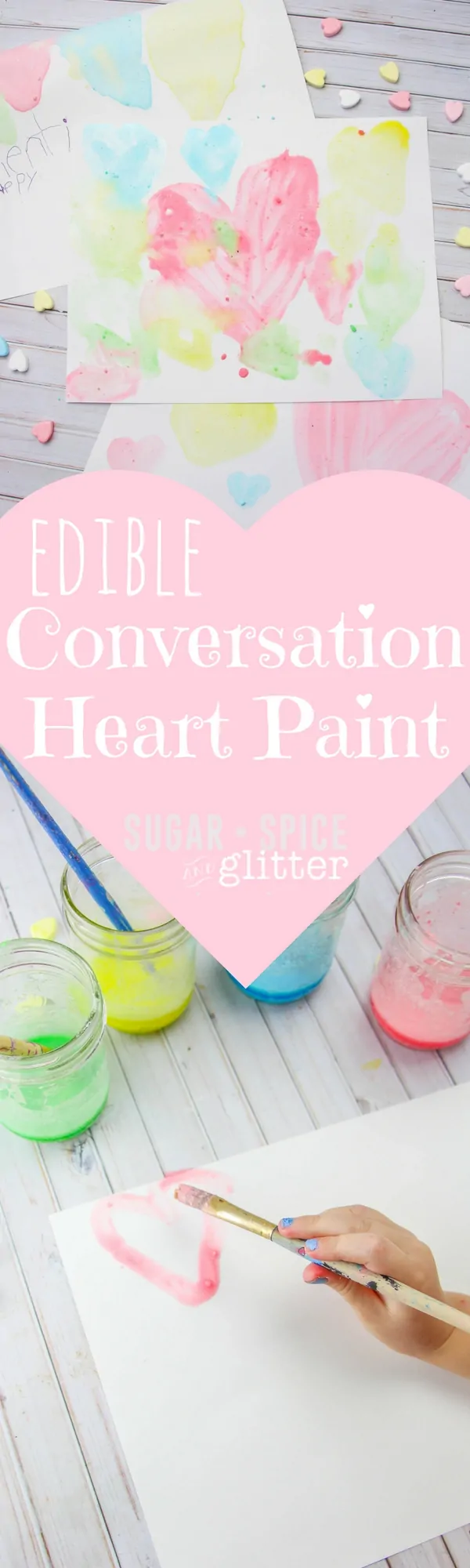 Edible Conversation Heart Paint - a homemade candy paint recipe is a great way to use up leftover conversation hearts and results in a glossy and yummy-scented paint. Perfect for Valentine's Day for kids