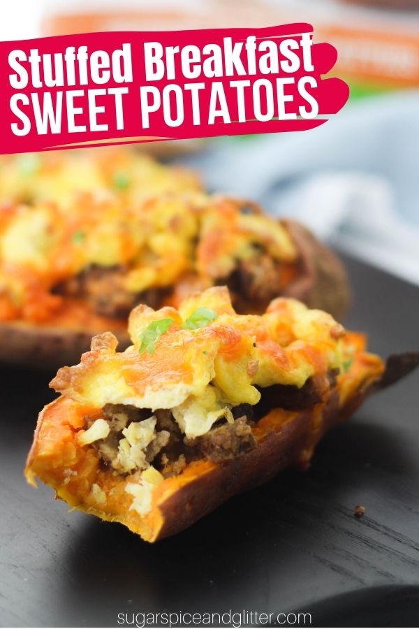 A veggie and protein-packed breakfast sweet potatoes recipe is the perfect healthy breakfast recipe to start your day on the right foot. Sweet potatoes, vegan sausage, scrambled eggs and cheese combine to make a satisfying and delicious breakfast that will keep you full all morning long.