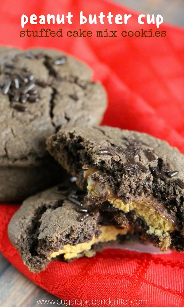 Peanut Butter Cup Stuffed Chocolate Cake Mix Cookies