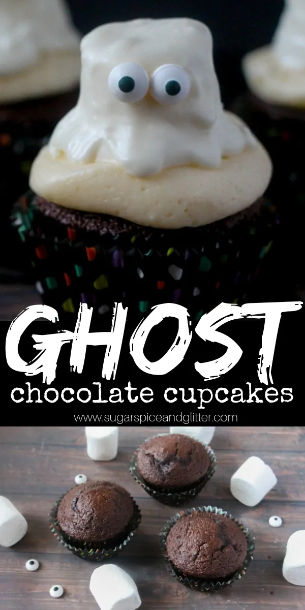 A super simple Halloween cupcake recipe that isn't too spooky for kids. This simple marshmallow ghost cupcake is easy enough for kids to help make