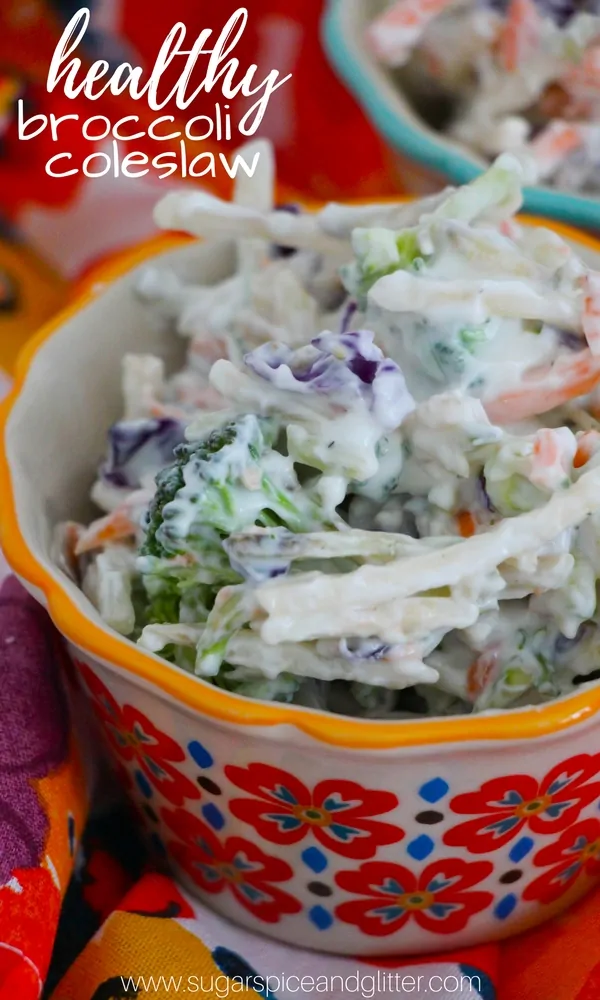 A healthy no-mayo broccoli coleslaw made without sugar, this is a creamy, crunchy coleslaw that you can feel good about loading into your plate