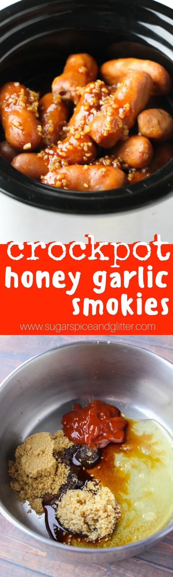 An easy crockpot sausage appetizer recipe, these Crockpot Honey Garlic Smokies are a sweet and smoky sausage recipe for tailgating or fall parties