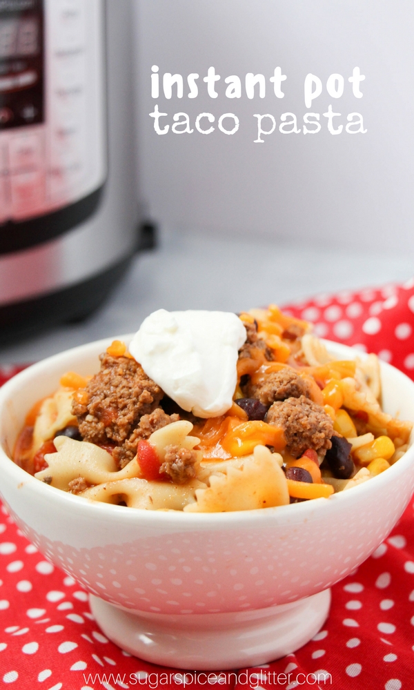 This Mexican-inspired Instant Pot Taco Pasta recipe is flavorful, filling and full of veggies for a healthy instant pot recipe your family will love.