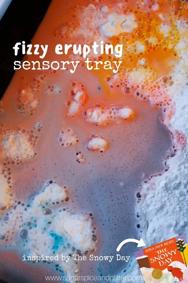 Fizzy, Erupting Snowy Day Sensory Bin - colorful and fun winter sensory play with a bonus art activity at the end!