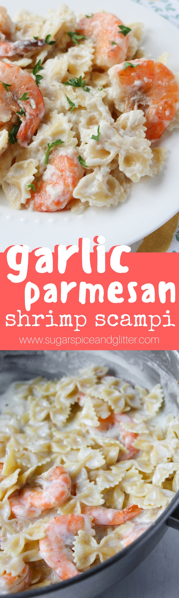 A lightened up and healthier shrimp scampi recipe made with plenty of garlic, lemon, Parmesan and milk instead of heavy cream. A delicious seafood recipe the whole family will enjoy