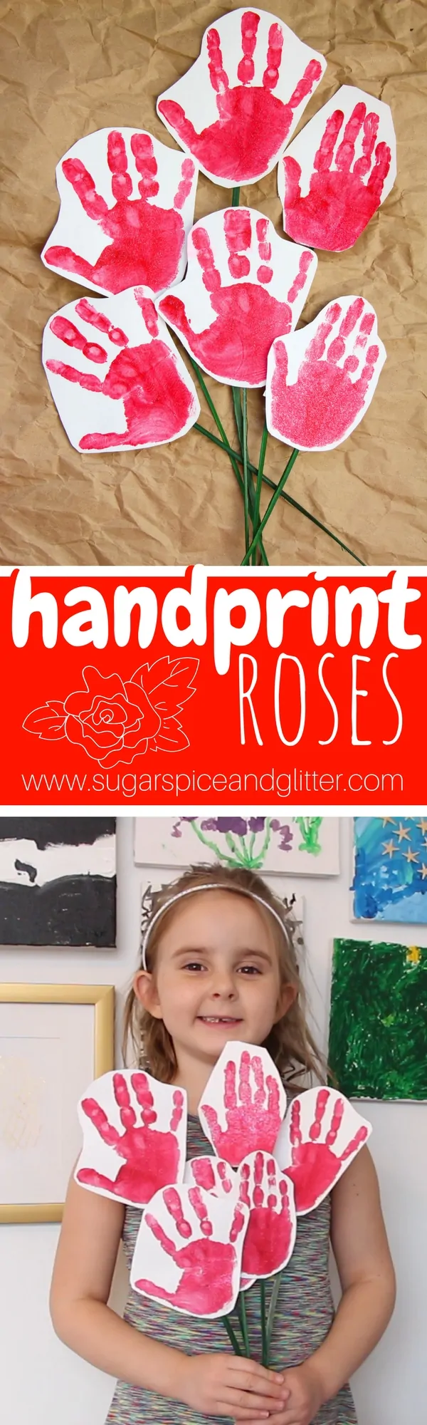 Kids will be so proud to give these handprint roses for Valentine's Day or as a Mother's Day craft