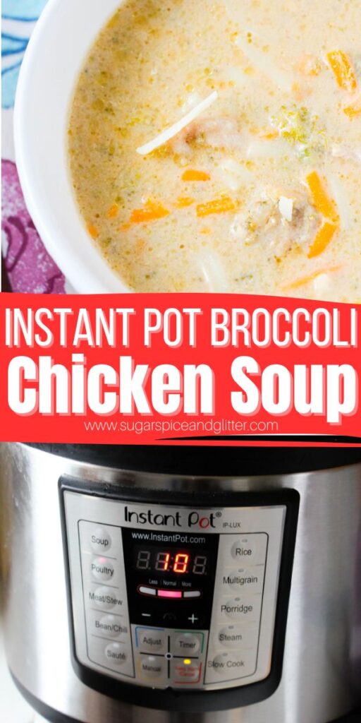 Creamy, cheesy and comforting Instant Pot Broccoli Cheese and Chicken Soup is a quick and easy weeknight meal that is filling and delicious. A few quick shortcuts help this recipe come together in mere minutes.