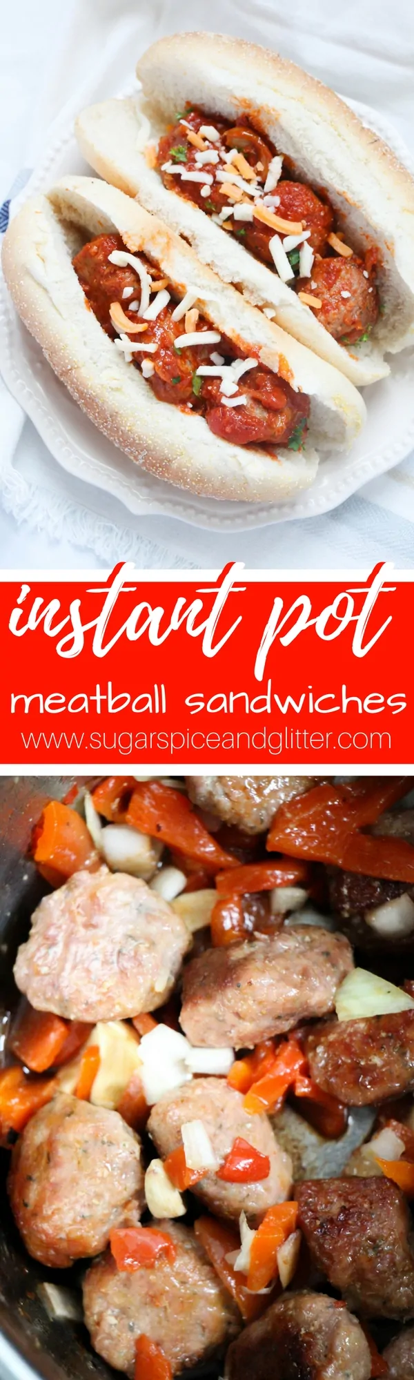 A delicious instant pot meatball recipe that works deliciously as homemade meatball sandwiches. Tender, flavorful meatballs in a veggie-rich sauce