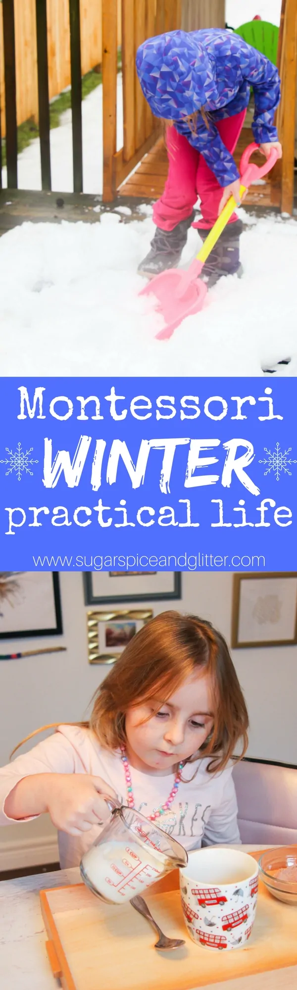 Montessori Winter Practical Life activities that require little to no preparation. From heavy work snow shovelling (and it's benefits) to a hot chocolate tray and formal lesson, these activities will keep kids happy and learning in the winter!