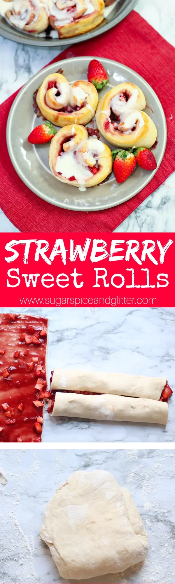 Delicious strawberry sweet rolls - the perfect Valentine's Day brunch or dessert recipe. Heart shaped sweet rolls filled with a fresh strawberry filling and drizzled with cream cheese frosting