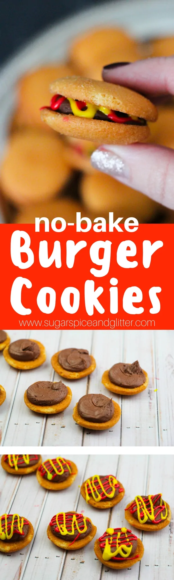 Fun no-bake burger cookies - a bite-sized dessert perfect for a BBQ or kids' party. Set up a mini "toppings" bar for kids to make themselves