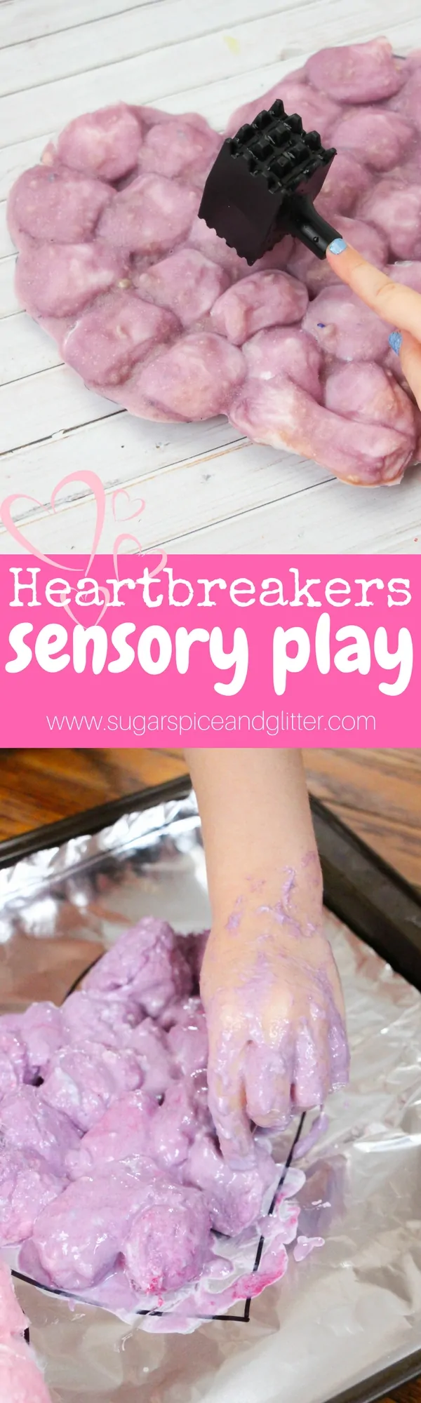 A fun heart-themed sensory play activity for Valentine's Day! Baked cotton balls are so much for for kids to smash and rip apart - especially little heartbreakers!