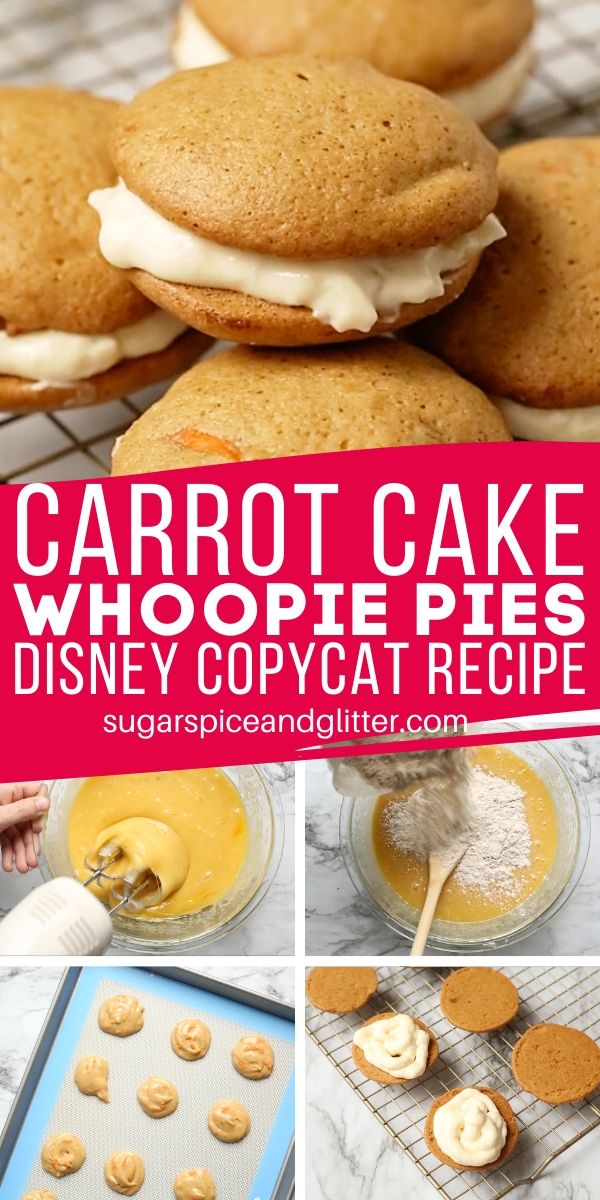 A delicious Disney copycat recipe for their famous Carrot Cake Cookies - two soft carrot cake cookies sandwiched together with tart cream cheese frosting. They make a fun, nontraditional Easter treat, too