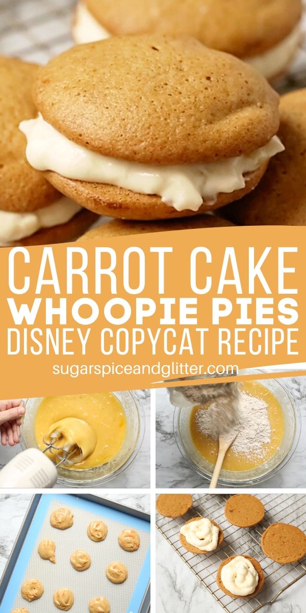 These Carrot Cake Whoopie Pies are a fun twist on a traditional carrot cake and a copycat Disney recipe! Super soft and pillowy carrot cake cookies sandwiched together with cream cheese frosting